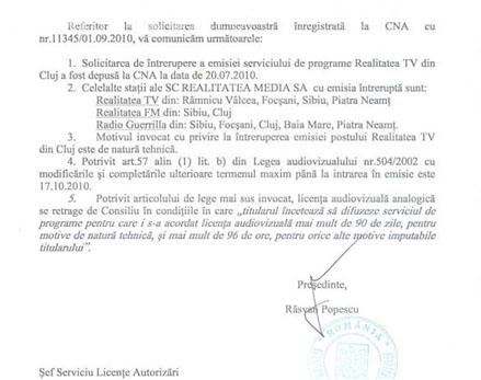 Realitatea TV Cluj a depus la CNA o cerere de intrerupere a  emisiei, cu mai mult de o luna inainte ca proprietarul sa puna lacat pe sediu-  EXCLUSIV