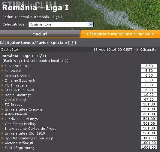 CFR Cluj, favorita la castigarea titlului la casele de pariuri. Vezi ce cota are Universitatea Cluj!