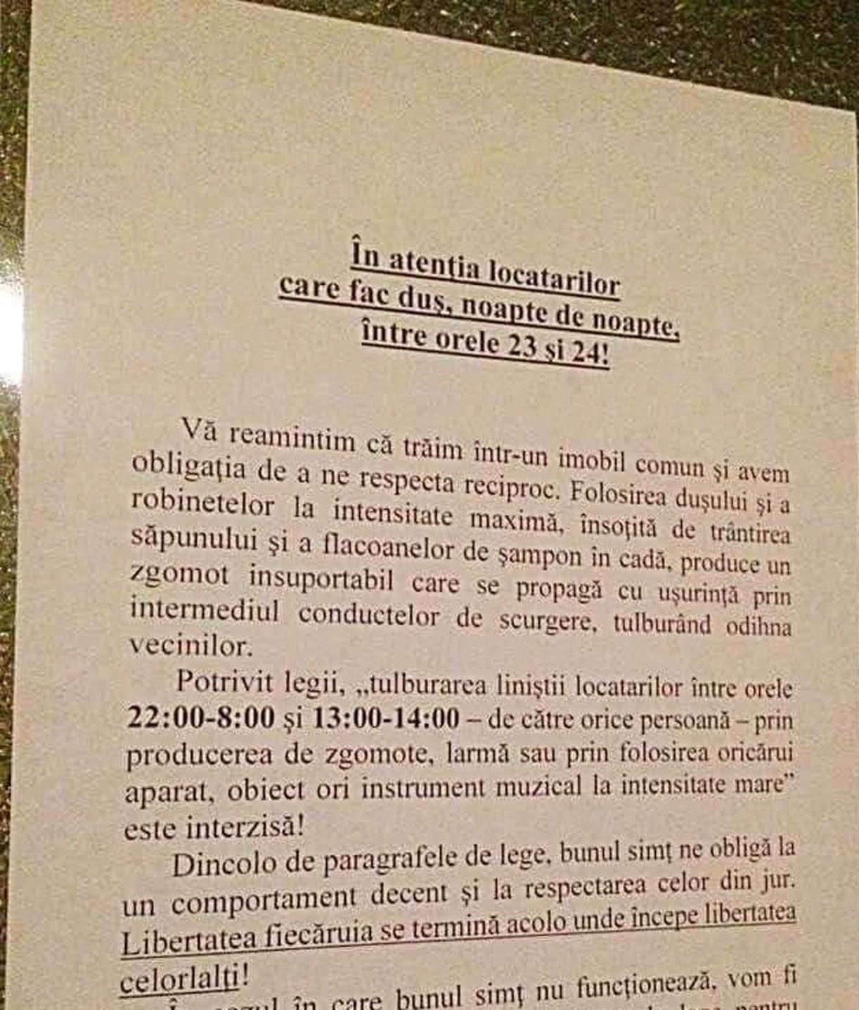 Locatarii unui bloc amenințați cu poliția, dacă mai fac duș noaptea Se aude cum scăpați săpunul Locatarii unui bloc amenințați cu poliția, dacă mai fac duș noaptea Se aude cum scăpați săpunul