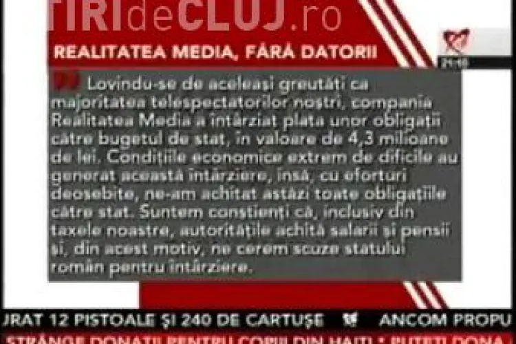Realitatea TV  a cerut scuze statului roman pentru intarzierile de plati-Vezi VIDEO