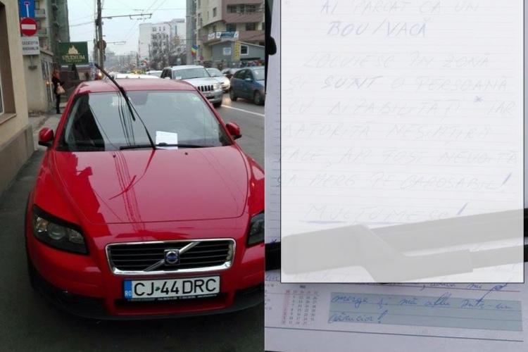 A blocat trotuarul în Cluj-Napoca și s-a ales cu un mesaj pe geam. Un clujean propune PEDEAPSA cu Super Glue - FOTO