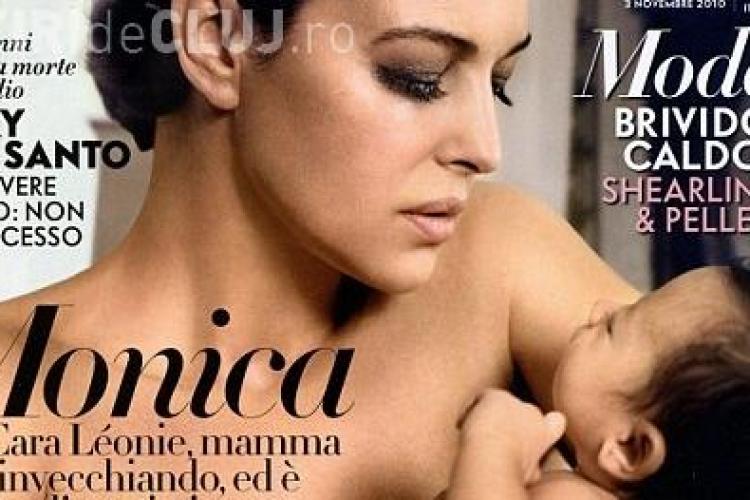 Monica Bellucci, goala, cu bebelusul ei, pe coperta revistei Vanity Fair - FOTO