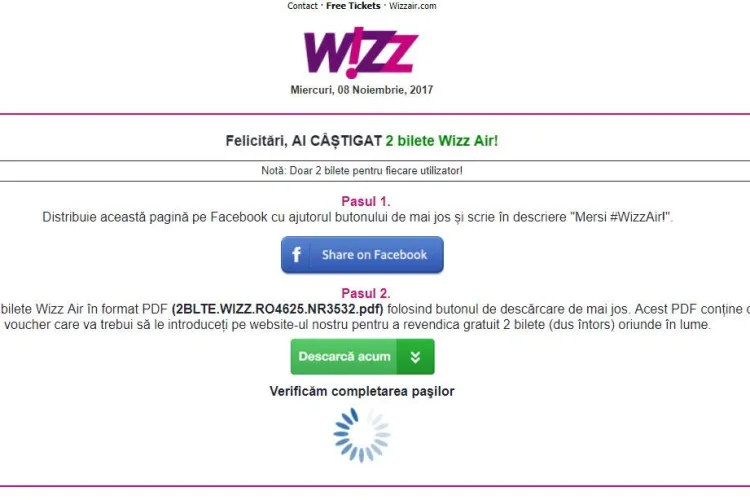 Înșelătorie cu bilete Wizz Air: ”Ai câștigat 2 bilete Wizz Air”. Despre ce este vorba