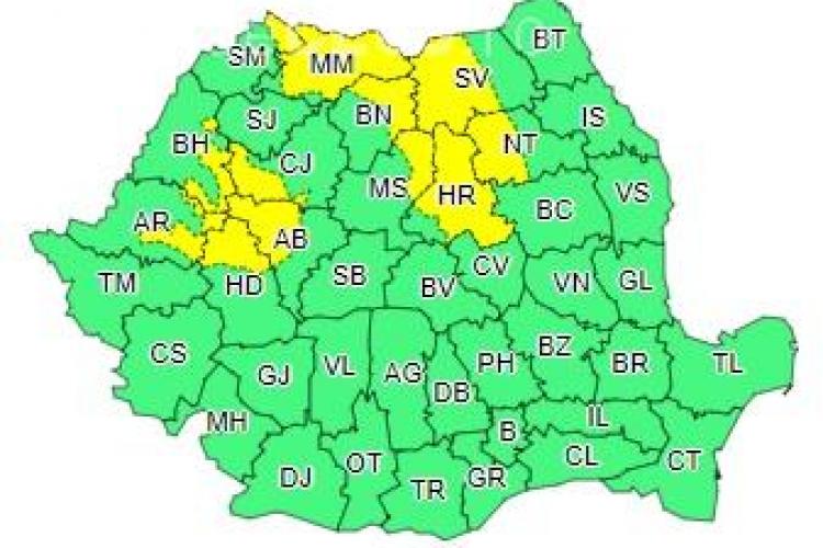 Cod galben de vânt, ninsori și lapoviță. O parte din Cluj este afectată