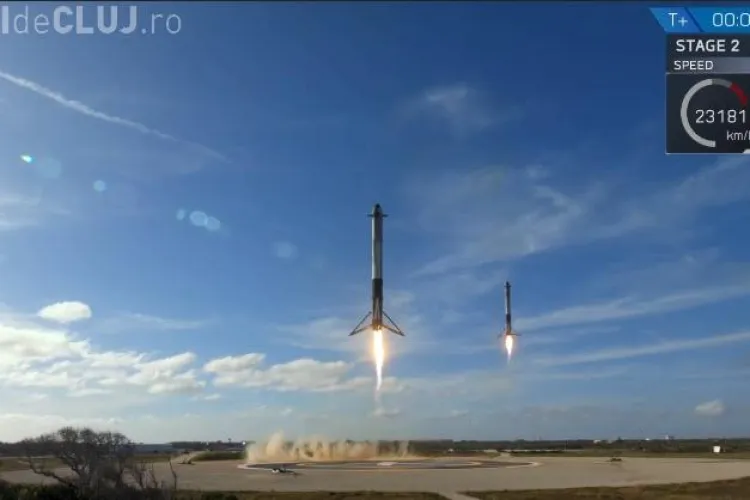 Propulsoarele SpaceX au aterizat sincron pe Pământ. Imagini spectaculoase - VIDEO