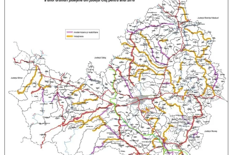 Harta drumurilor județene care urmează să fie reabilitate în 2018 de CJ Cluj. Vezi care sunt sectoarele de drum pe care se va lucra