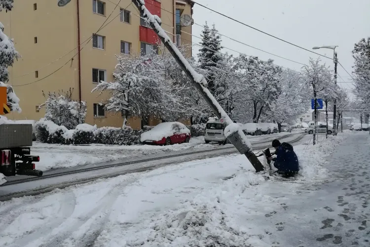 Un stâlp a căzut pe strada Fabricii de Zahăr din cauza zăpezii - FOTO