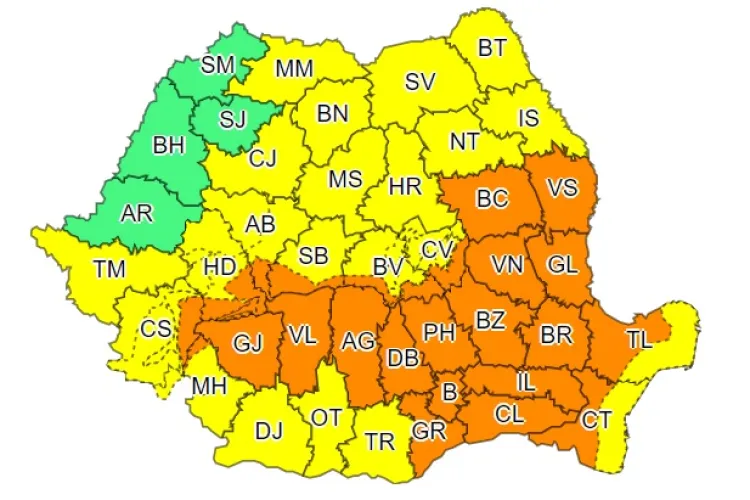 România, sub ploi torențiale! ANM a emis avertismente de tip cod galben și portocaliu în aproape toată țara
