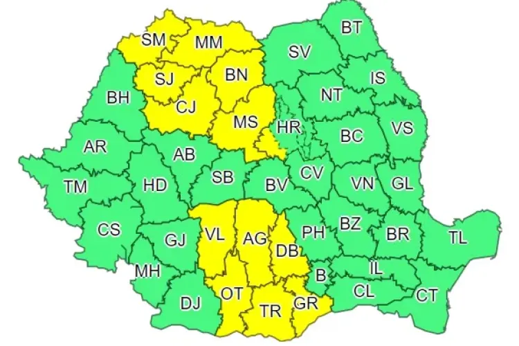 COD GALBEN de averse torențiale în Cluj și alte 12 județe. Ce anunță ANM