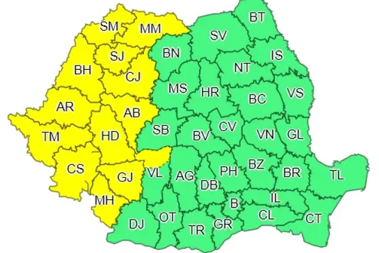 Cod galben de ploi la Cluj și alte 12 județe din țară