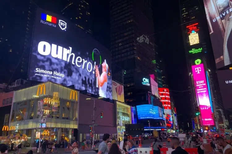 Simona Halep, vedetă în Times Square din New York. Și-a făcut poze cu reclama uriașă