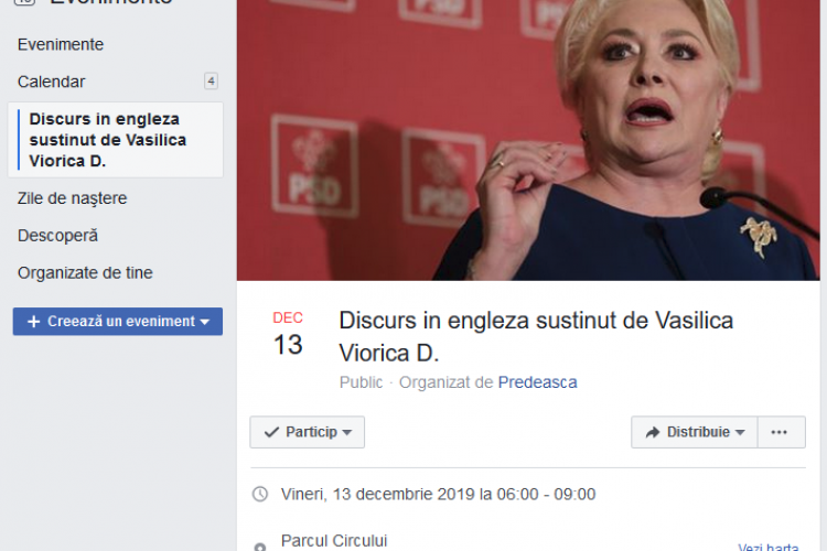 Românii invitați la ”Discursul în engleză susținut de Vasilica Viorica Dăncilă”, din 13 decembrie