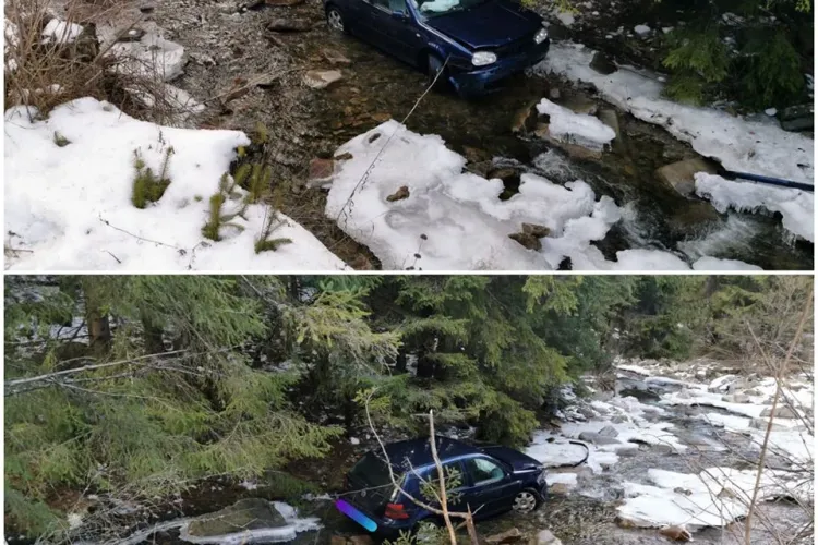 CLUJ: Un șofer a ”zburat” cu mașina în albia unui râu. Șoferul a scăpat cu răni ușoare FOTO