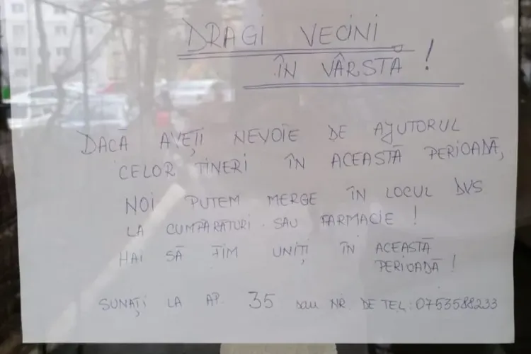 Anunț de OMENIE pus la scara unui bloc: Dacă aveți nevoie de ajutor, mergem noi la cumpărături pentru dvs - FOTO