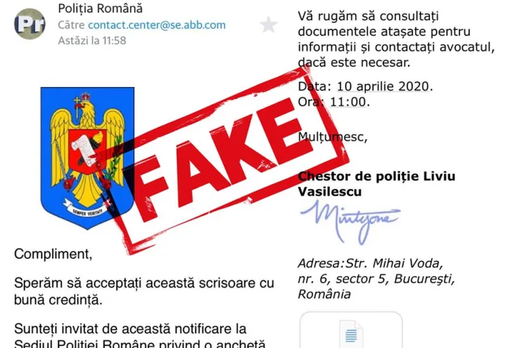 ATENȚIE: Înșelăciune cu e-mail-uri false din partea Poliției. NU le deschideți