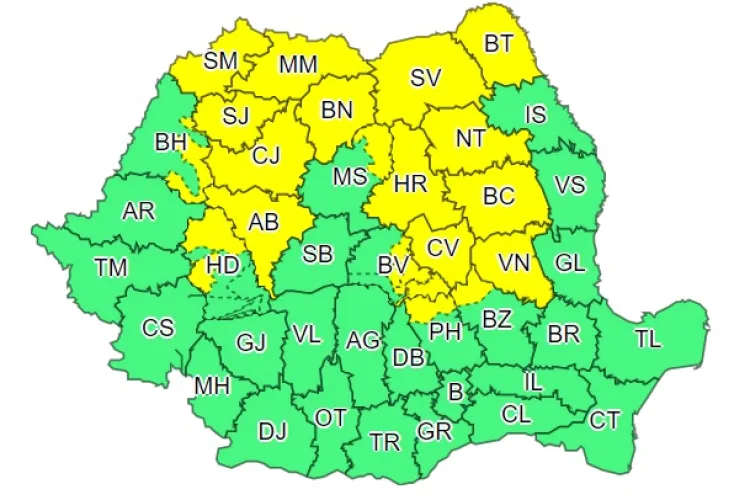 Cod galben de vreme rea în Cluj și mai multe județe din țară. Ce anunță ANM