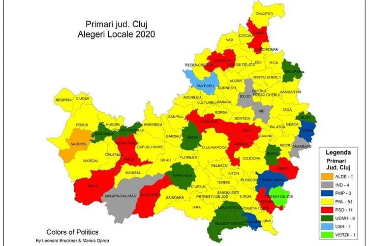 Harta politică a Clujului este galbenă. USR și Verzi au câștigat câte o primărie  - FOTO