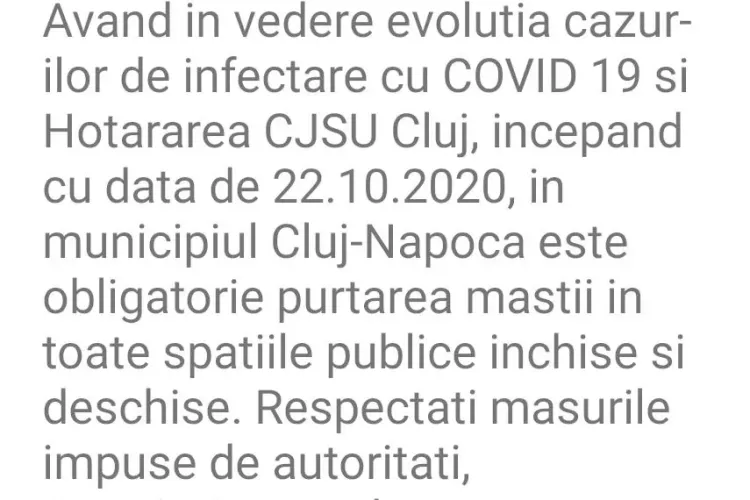 Atenție! De astăzi, în Cluj-Napoca este obligatoriu să purtați mască atât in spațiile publice închise, cât și în cele deschise