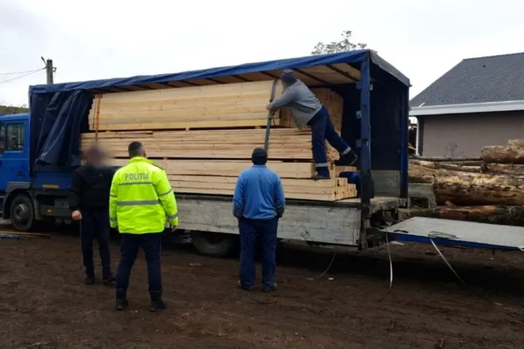Zeci de metri cubi de lemn confiscați de polițiști la Huedin FOTO