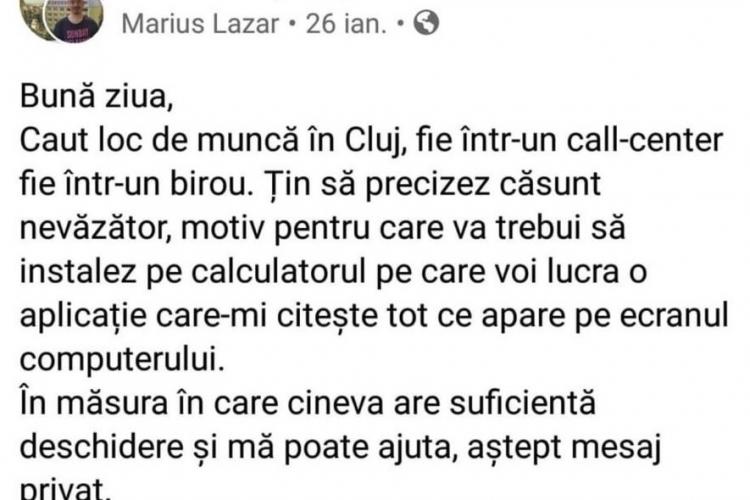 Un nevăzător din Cluj-Napoca își caută loc de muncă! Îl poate ajuta cineva?