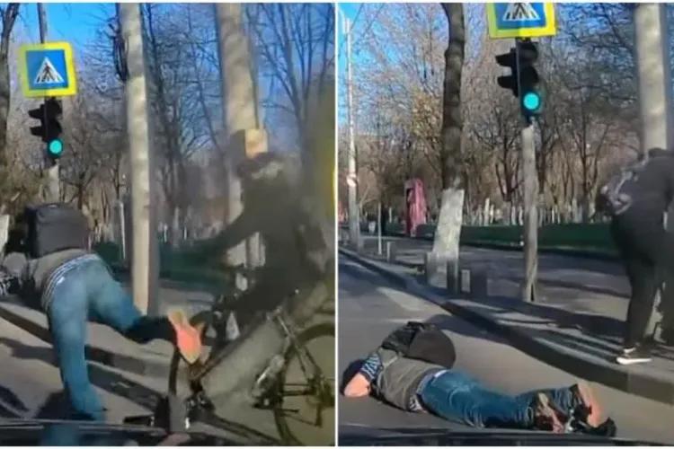 Nu doar mașinile provoacă accidente! Accident între o bicicletă și o trotinetă. Un bărbat a căzut în fața unei mașini - VIDEO