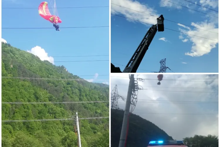 Parapantist prins în firele de curent. Pompierii l-au salvat - VIDEO și FOTO