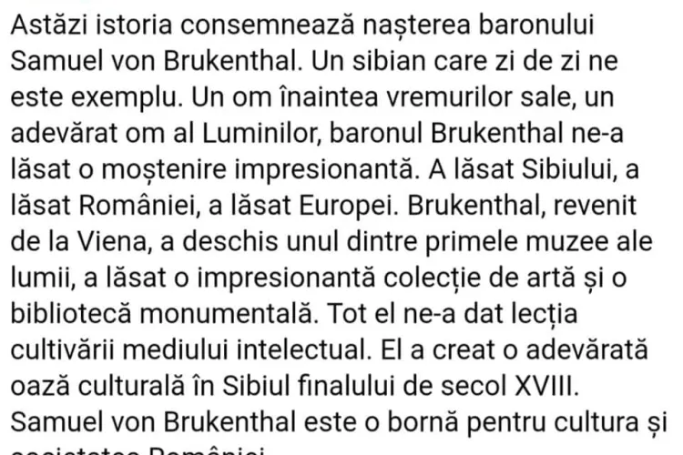 Raluca Turcan i-a urat ”La mulți ani!” baronului Samuel von Brukenthal, mort în 1803
