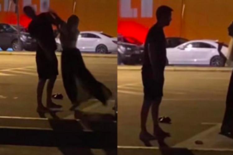 Bărbat bătut de iubita lui, în fața unui club de fițe. Tânăra își face cruce, apoi îl ia la palme - VIDEO