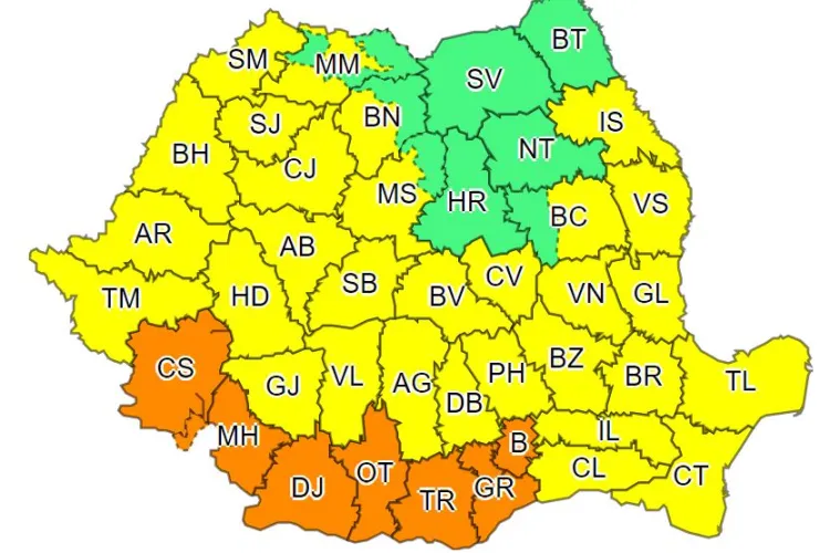 Cod galben de vijelii puternice și GRINDINĂ în Cluj și alte județe din țară
