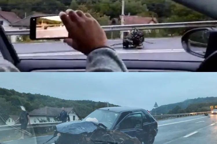 Accident rutier în Feleac. Motorul unei mașini a zburat în urma impactului - VIDEO