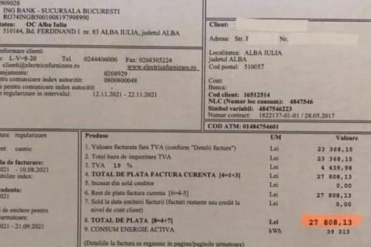 Surpriză neplăcută pentru o familie din județul Alba. S-au trezit cu o factură la energie electrică de peste 27.000 de lei - FOTO