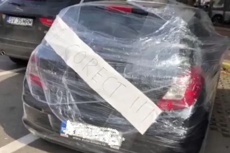Mașină îmbrăcată complet în folie alimentară, după ce șoferul a parcat greșit - FOTO