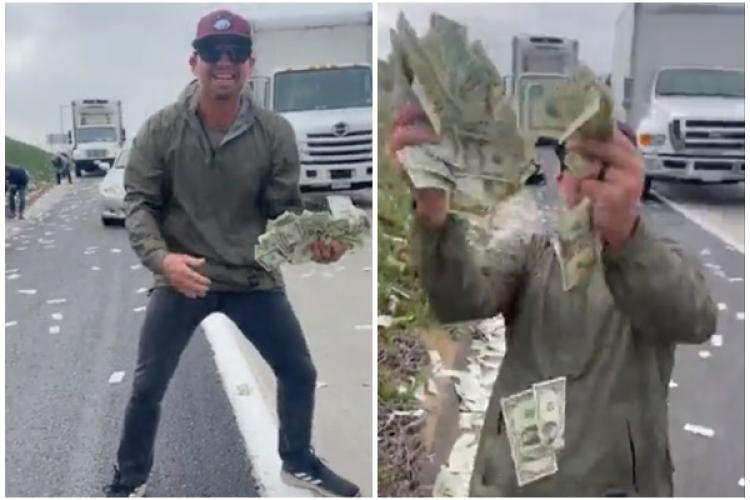 A plouat cu bani pe o autostradă! Oamenii și-au abandonat mașinile ca să îi culeagă - VIDEO