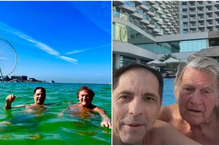 Imagini inedite cu Florin Piersic și Dan Negru, din piscină, în Dubai. Prezentatorul îl învață pe marele actor „să facă LIVE