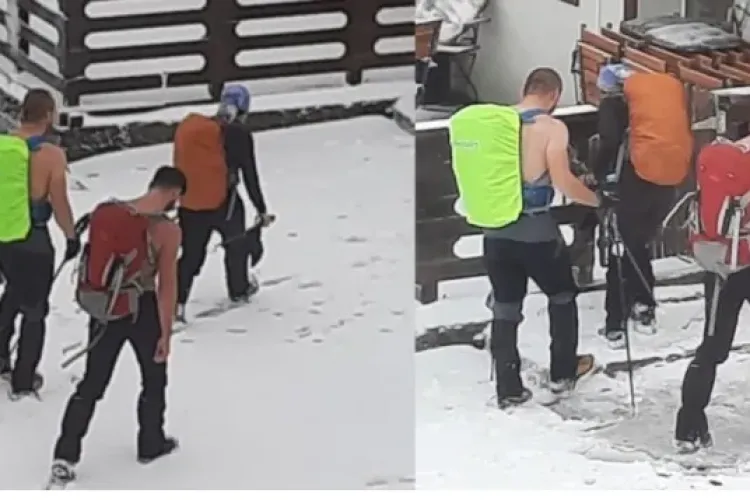Tineri fotografiați de salvamontiști când plecau pe munte la bustul gol. Au pornit, pe zăpadă, spre Parângul Mare, la peste 2.500 m altitudine