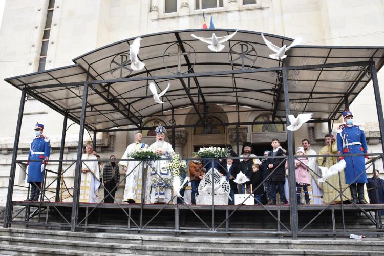 Un porumbel, simbol al Duhului Sfânt, s-a pus lângă mitropolitul Andrei, la predica de Bobotează de la Cluj - FOTO