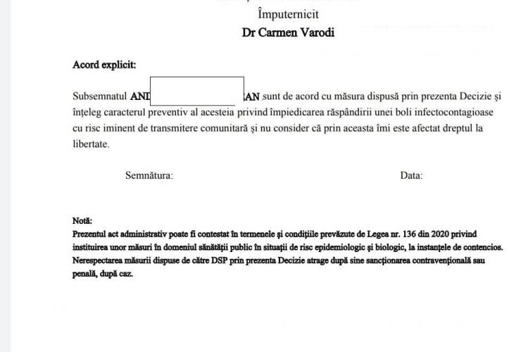 DSP Cluj cere de la un copil de 5 ani un acord explicit pentru a fi plasat în carantină timp de 10 zile - FOTO