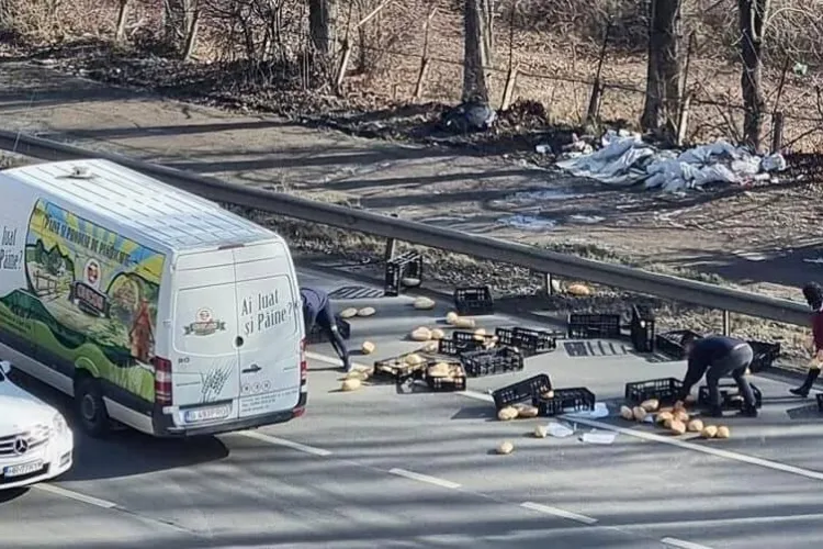 Pâine împrăștiată pe Calea Baciului, de un șofer ghinionist - FOTO