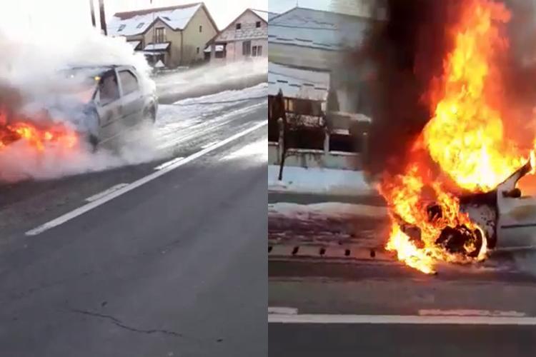 Incendiu auto la Cuzdrioara, jud. Cluj! Mașina a ars aproape complet - FOTO