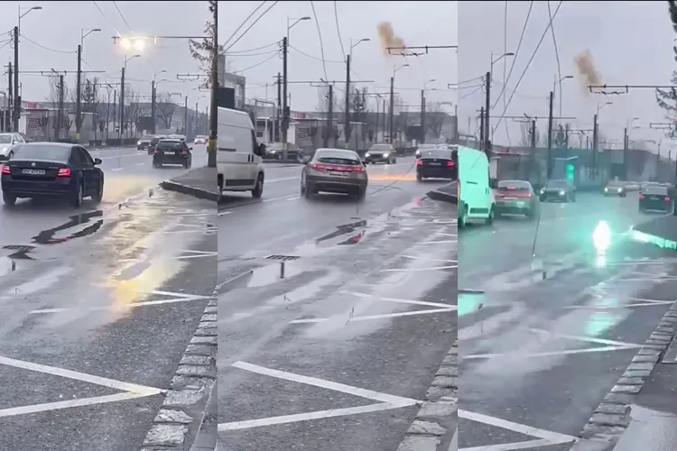 Momentul în care cablurile de troleibuz de pe Traian Vuia au făcut scurtcircuit și au căzut pe drum - VIDEO