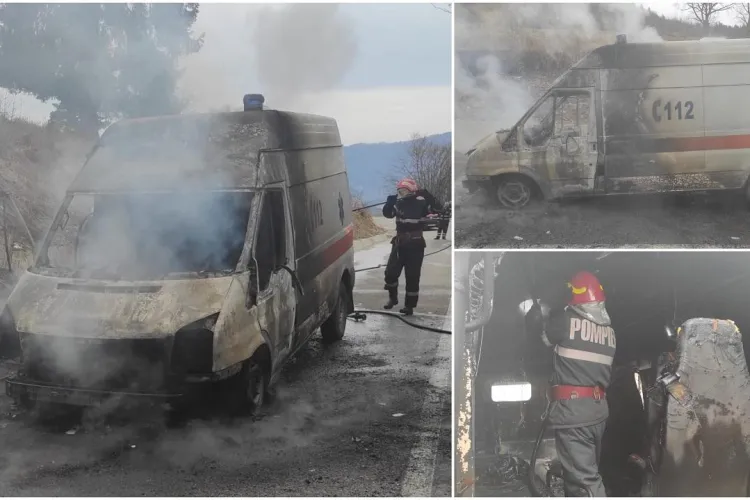 FOTO - O ambulanță a luat foc în timpul mersului. Pompierii au reușit să scoată la timp trei butelii de oxigen din interiorul autospecialei