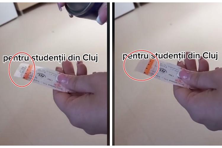 O studentă din Cluj șterge biletul compostat cu un spray / fixativ. Cum funcționează metoda ”biletul parfumat” - VIDEO