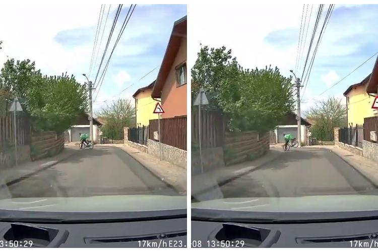 Cluj: Un livrator de mâncare filmat în timp ce aproape s-a dat peste cap. Oare produsele din geantă erau ghiveci? - VIDEO