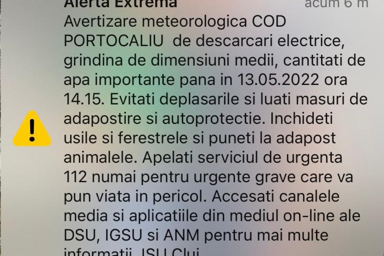 Mesaj RO-ALERT: COD PORTOCALIU de grindină și ploi torențiale, în județul Cluj 