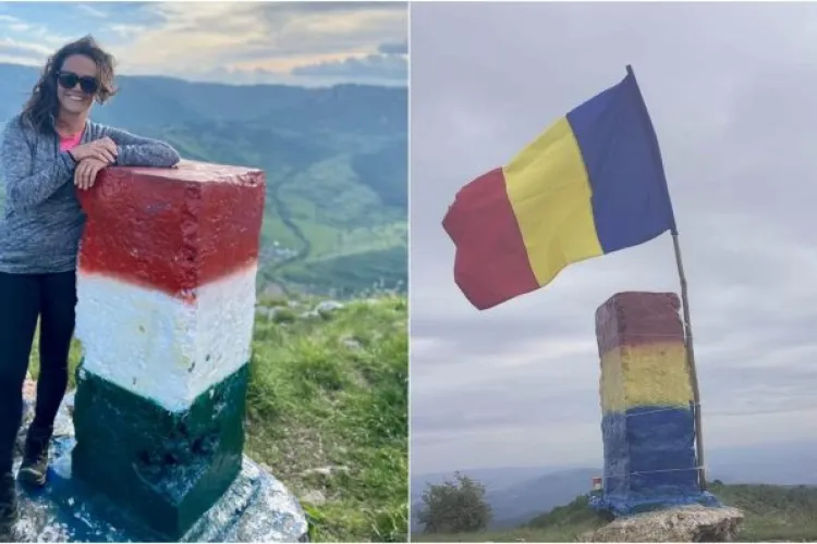Borna de la Piatra Secuiului a fost revopsită în culorile drapelului românesc! Cineva tot vopsește borna în culorile Ungariei