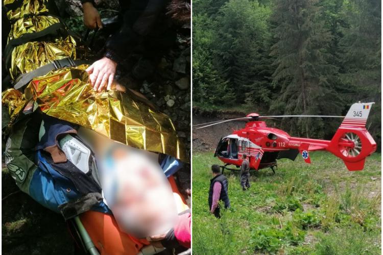 FOTO/VIDEO. Doi motocicliști germani au căzut într-o râpă din Răchițele. A intervenit elicopterul SMURD