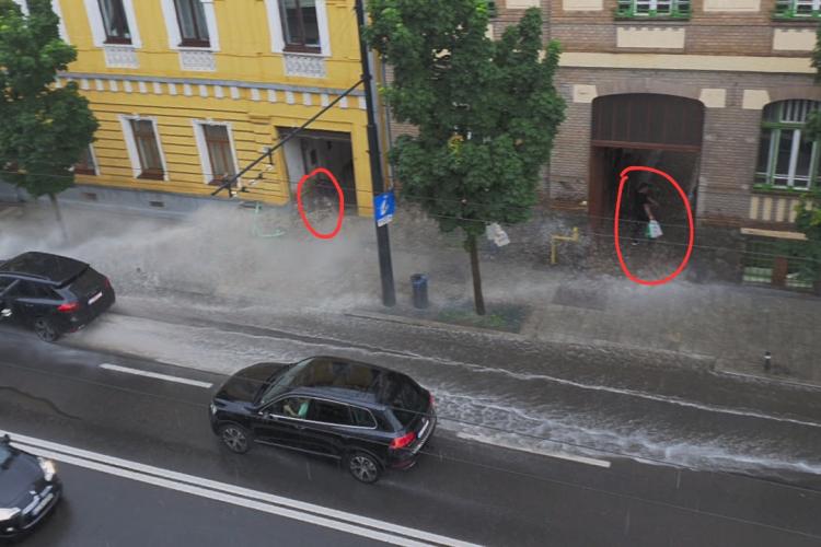 Lui Boc nu îi place să fie stropit de mașini pe stradă! Priviți imaginile VIDEO cum sunt udați leoarcă clujenii, lângă Primăria Cluj-Napoca