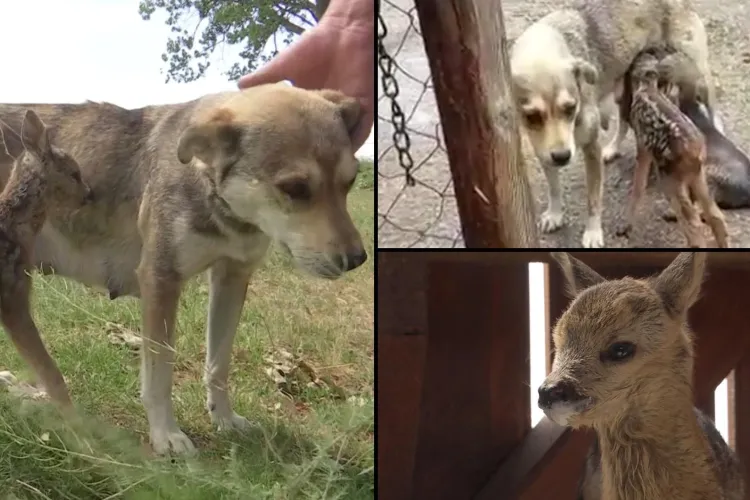 Pui de căprioară, salvat de la moarte sigură de o cățelușă care l-a adoptat și l-a hrănit