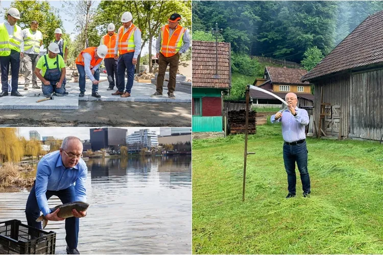 FOTO - După ce a cosit, plantat și dat zăpada cu lopata, Emil Boc s-a apucat să monteze dale din granit pe malul Someșului