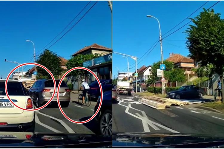Cluj: Biciclist la un pas să fie STRIVIT pe Corneliu Coposu de lemnele căzute de pe o camionetă - VIDEO surprins LIVE